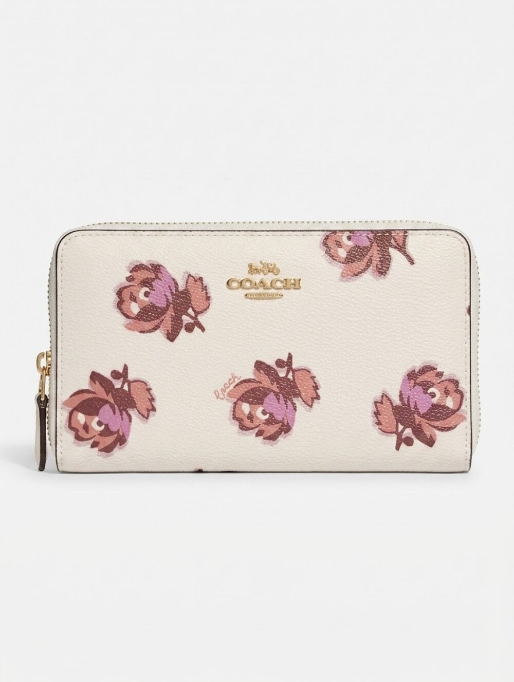 Coach Cream Zip-Around Wallet with Pink And Purple Floral Motif